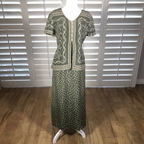 Vtg 90s Casual Corner Annex Olive Green Rayon Apron Dress 8 Midi Geo Print - Picture 1 of 12
